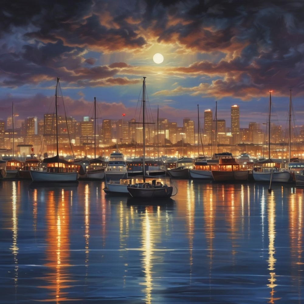 Moonlit City Harbor Art Print 8x10
